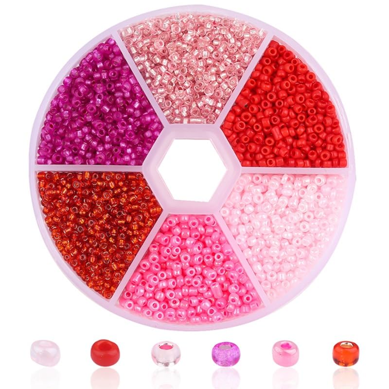 1 Box Small Round Glass Seed Beads, 2mm Mixed Colors Glass Seed Beads for Crafting, Beading, Keychain Making, About 3900Pcs, Pink Tone