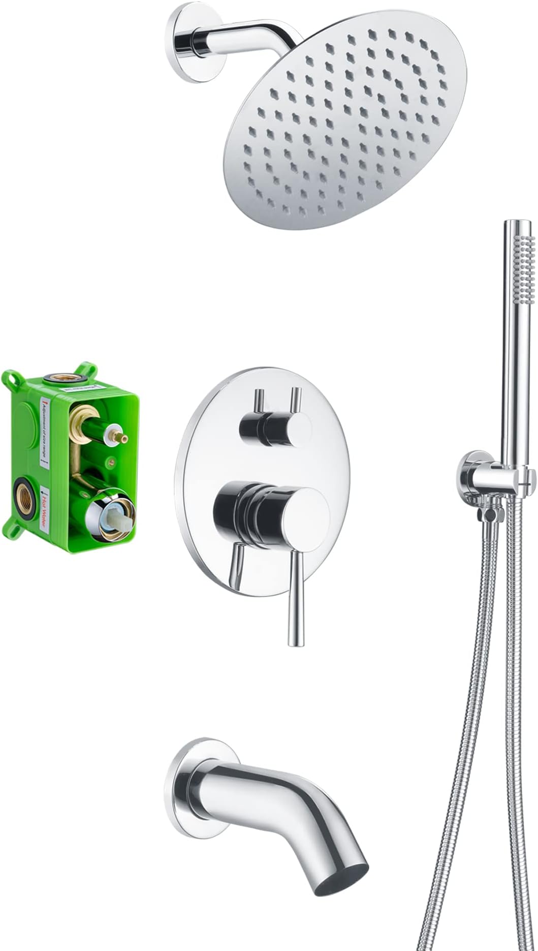 Rain Shower System with Tub Spout, Tub Shower Faucet Set with 8 inches Shower Head and Hand Shower, Valve Included Chrome
