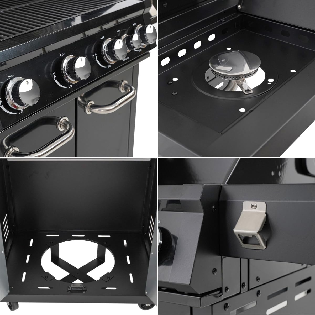 Barbecue a Gas 4 Bruciatori + Fornello Laterale 3,2 kW – BBQ in Acciaio Inox con Griglie in Ghisa Termometro Integrato, Coperchio e Ruote | Cucina da Giardino Professionale