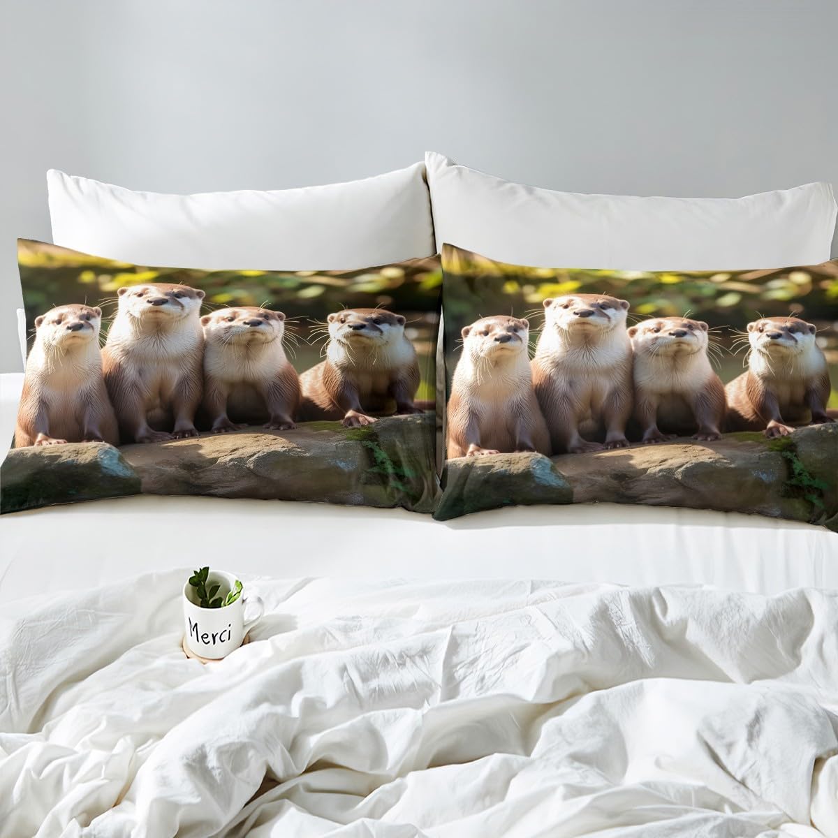 Feelyou Kids Sea Otter Bedding Set 3D Wild Animal Duvet Cover for Girls Boys Bedroom Otter Family Print Decor Comforter Cover Set Super Soft Bedspread Cover Queen Size with 2 Pillow Case