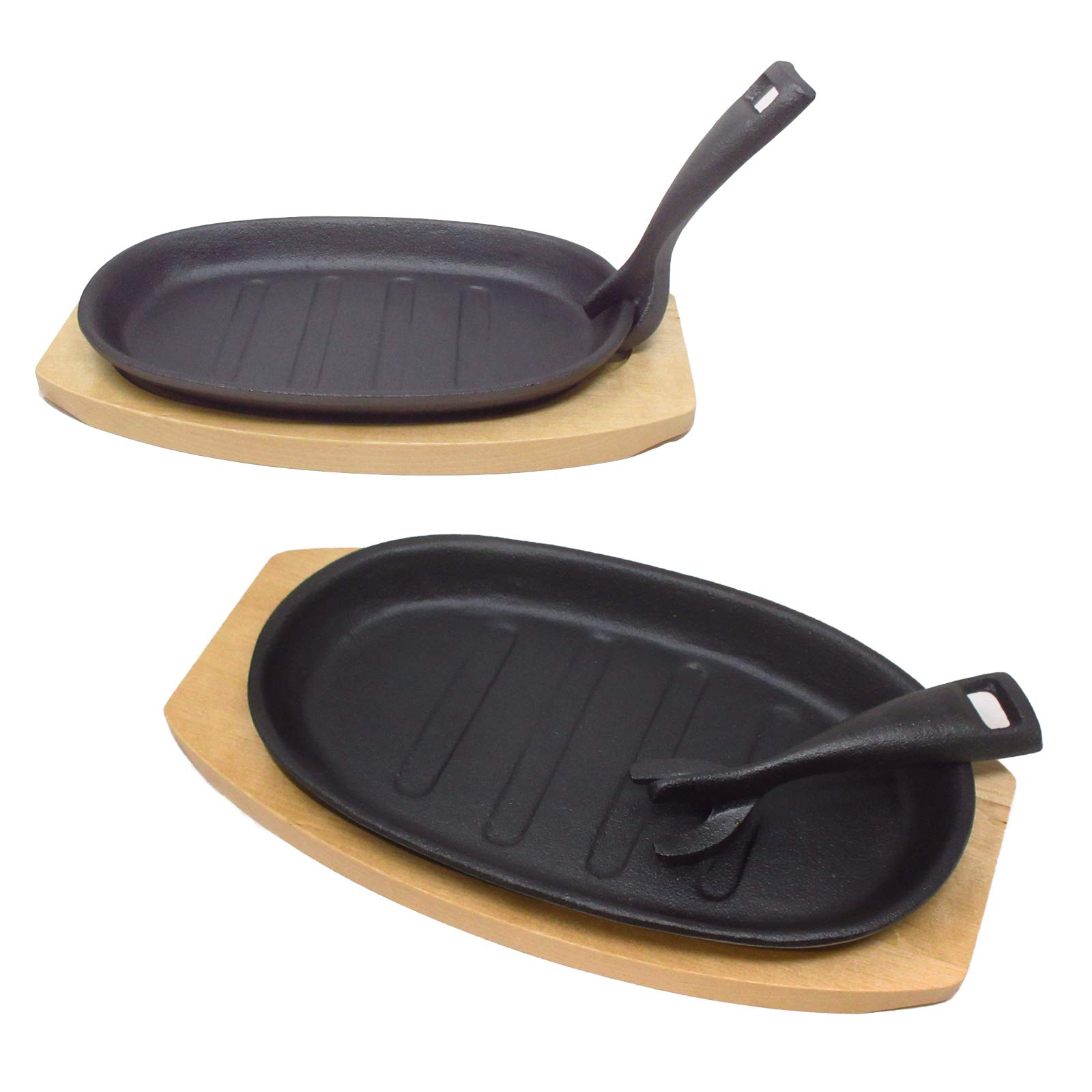 Vintage Gourmet Cast Iron Sizzle Platter Set with Wooden Trivets and Removable Handles (24cm x 14cm) and (28cm x 18cm)