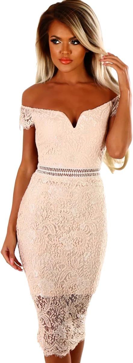 shelovesclothing Women's New Off-Shoulder Sweet Heart Lace Bardot Stretch Midi Dress (UK