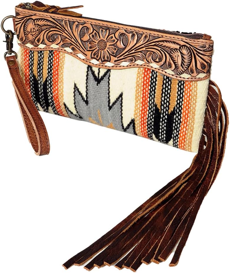 American Darling Wristlet Hand Tooled Saddle Blanket Genuine Leather Western Women Bag | Handbag Purse Travel Clutch