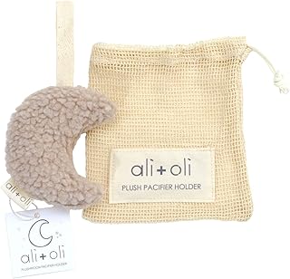Ali+Oli Plush Pacifier Holder (Moon - Sand) Soft Binky Holder for Babies, Plush Holder for Pacifiers, Cute Baby Binkies Plush Holder, Pacifier Holder for Baby Boys & Girls, Baby Toy with Cute Decor