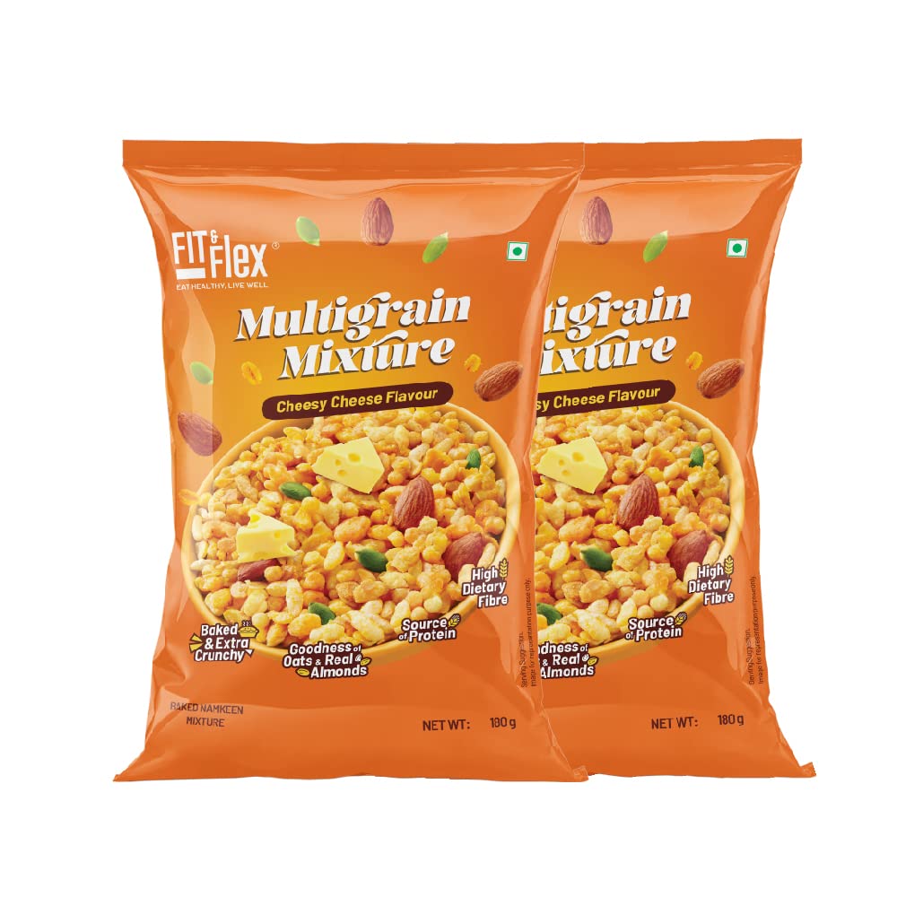 Fit & Flex Multigrain Mixture, Cheesy Cheese(180g x 2), Zero Cholesterol. Oat Rich, Extra Baked and Crunchy Snack, High Dietary Fibre, All-time Party Snack - As Seen on Shark Tank India - Pack of 2, 360 Gm