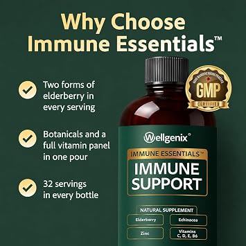 Wellgenix Immune Essentials 12 in 1 Natural Immune System Support Supplement - Liquid Nutritional Multivitamin - Boosts Immune System and Overall Health For Kids & Adults - Fruit Punch Flavor 32 oz | Echinacea, L-lysine, and vitamins C, D, E and B6 in a liquid that supports immune health no pills or gummies
