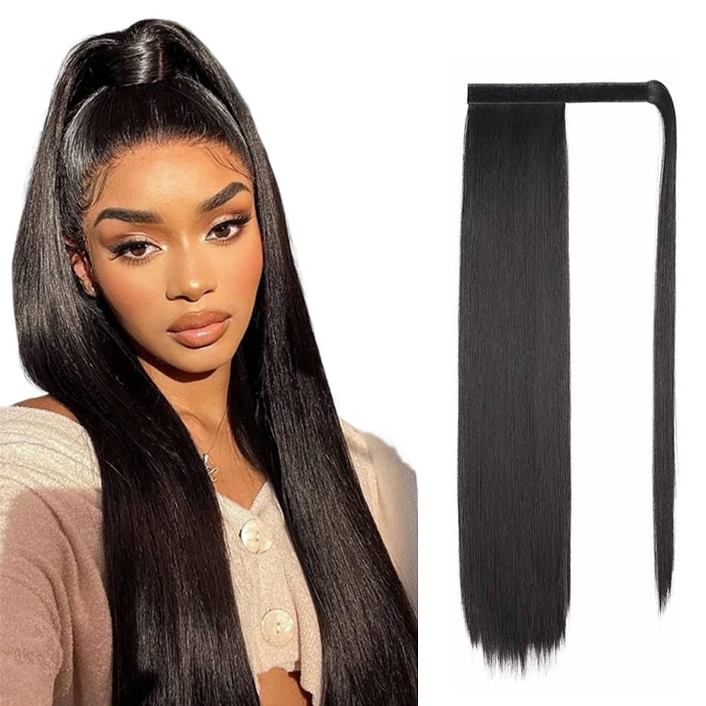 Goodern Straight Ponytail Extensions Natural Long Ponytails Highlights Ponytail Hair Extensions Hair Piece Wrap Synthetic Hairpiece Ponytails Hairpieces Wrap Around for Women Girls 60CM 120G-Black
