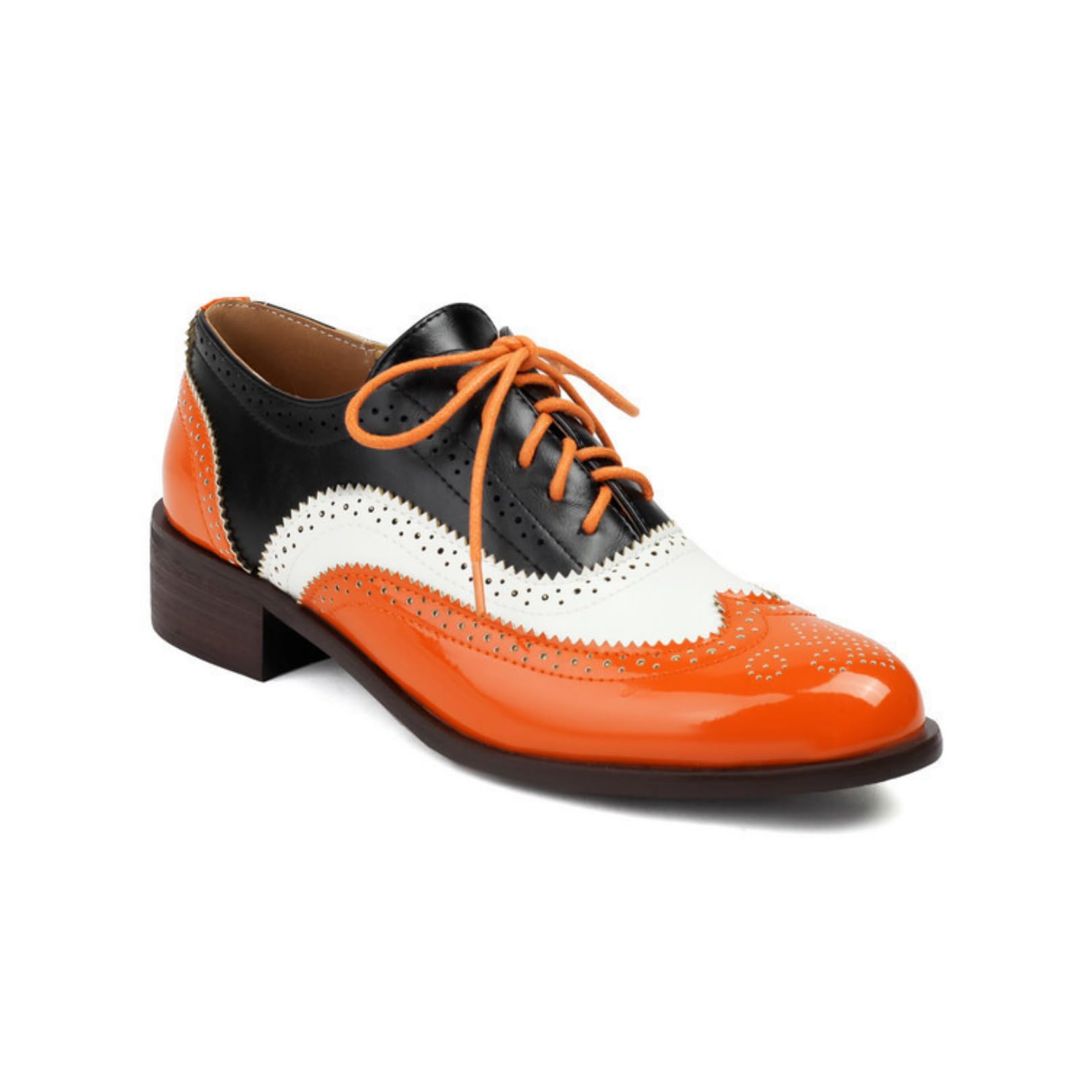 Scarpe Oxford Brogue in Pelle Verniciata da Donna Allacciare Vintage Brogues Tacco A Blocco Basso Scarpe Casual