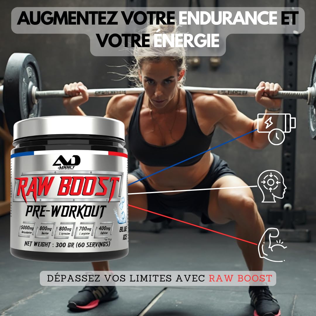 Addict sport nutrition - Pre workout raw boost 300g - Booster de pré-entraînement avec Bêta-Alanine, Taurine, L-Tyrosine, Caféine 200mg - Énergie pour l'entrainement (300 Gr, Framboise - citron)