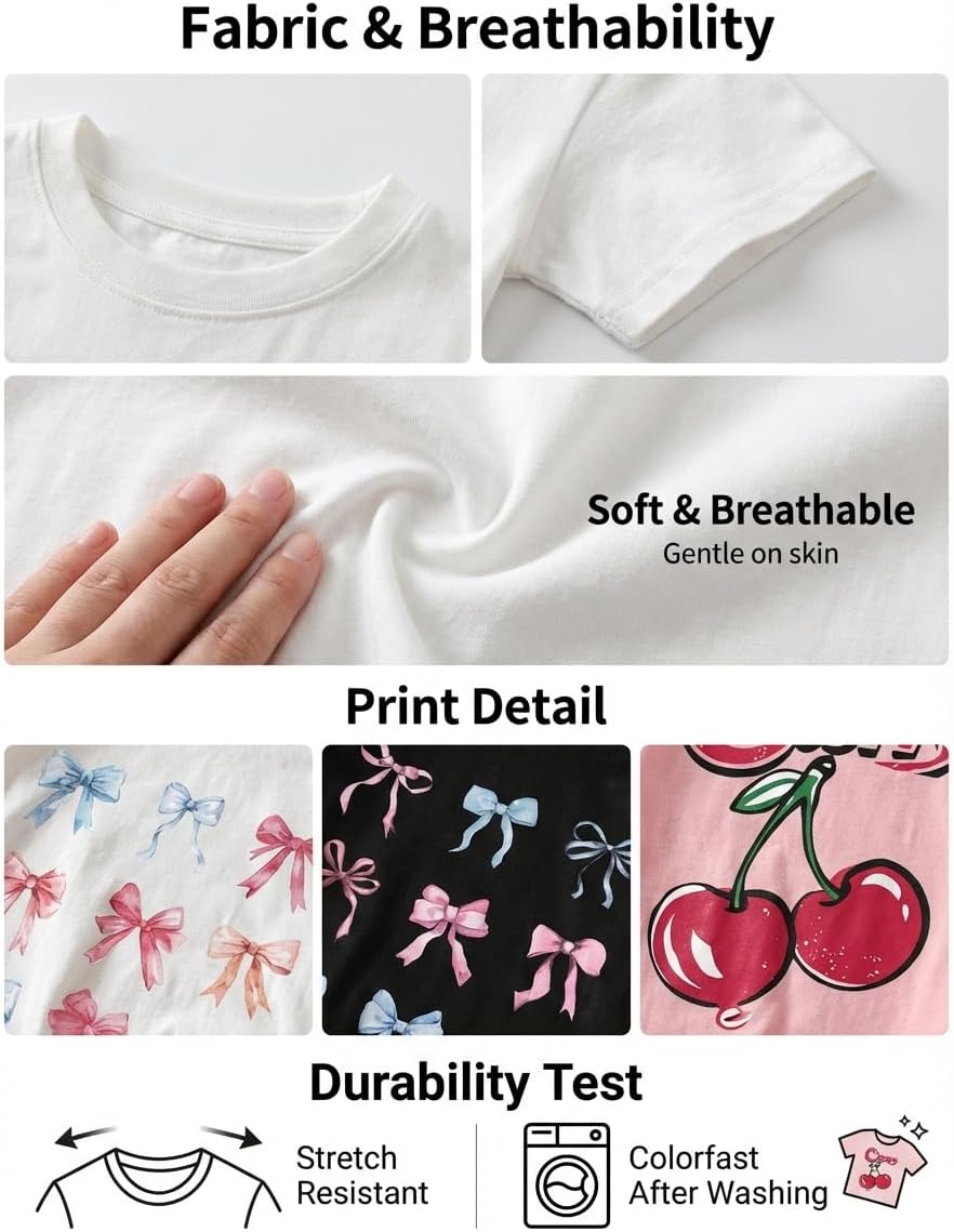 QJQ Girl's 3 Piece Set Bow Cherry Graphic T Shirts Short Sleeve Crewneck Tees Summer Trendy Preppy Cute Tops Clothes - Image 5