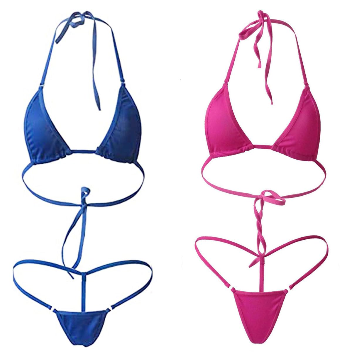 AnzheeSexy Bikini Sets for Women UK 2 Sets Brazilian Swimsuits Halterneck Lingerie Thong Triangle Backless Low Waist Bikini Bra Top Tie Thong Cute Bathing Suit Swimwear 2 Set Rose+Blue