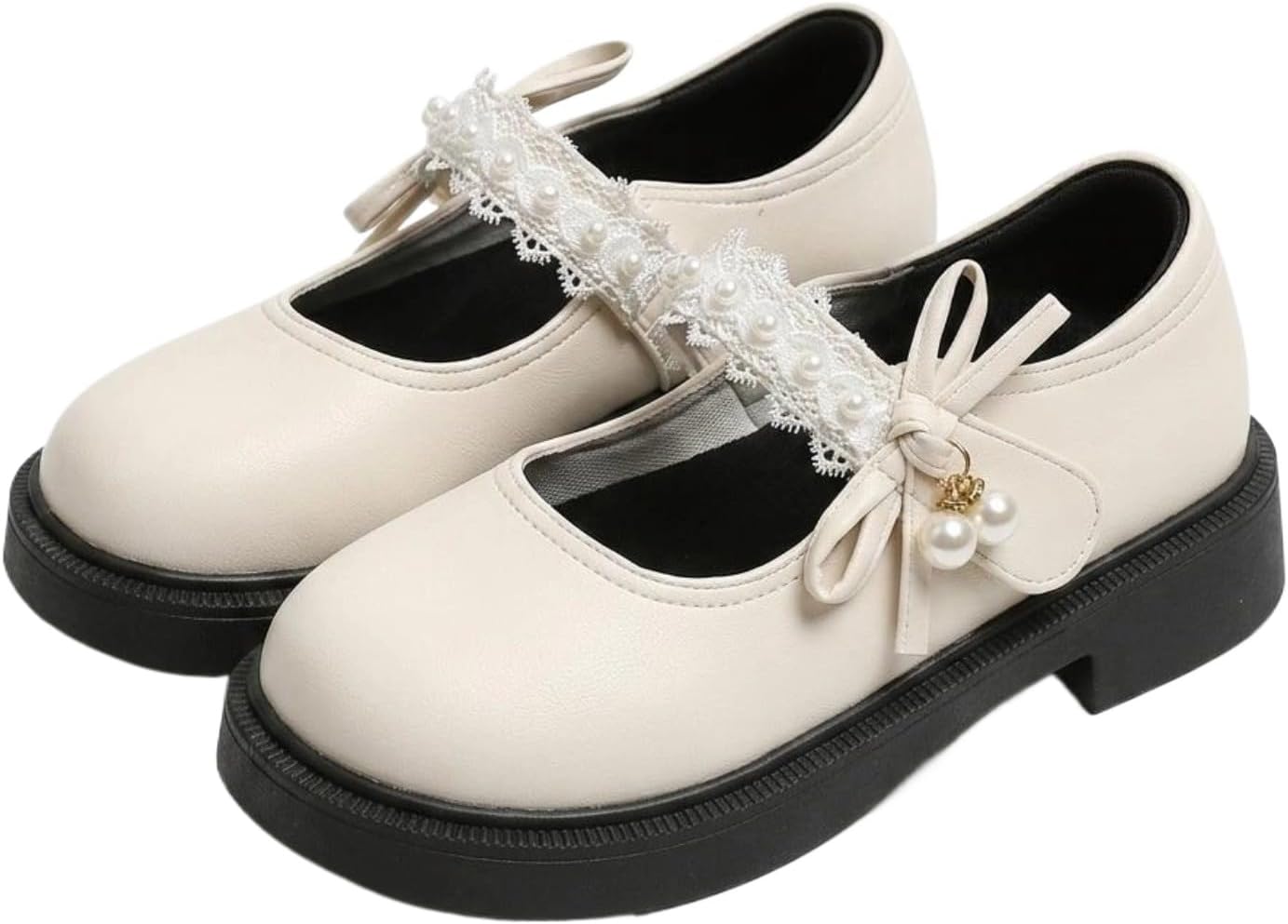 Vintage Strap Shoes for Women Pearl Bow Platform Loafers British Style Round Toe School Shoes Lolita Dress Shoes Beige Black