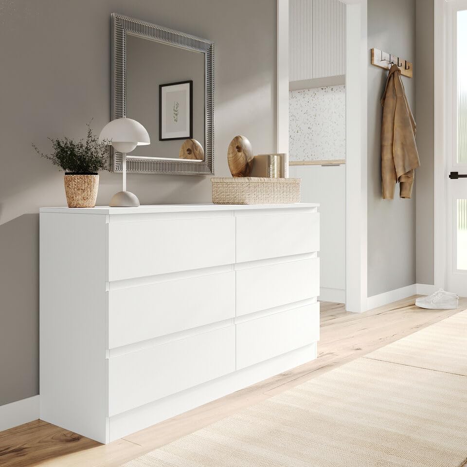 URBNLIVING Modern White Wooden Chest with 6 Drawers for Bedroom or Office Storage Versatile Bedside Table and Stylish Cabinet for Organizing Clothes Accessories Work Place Supplies and Personal Items
