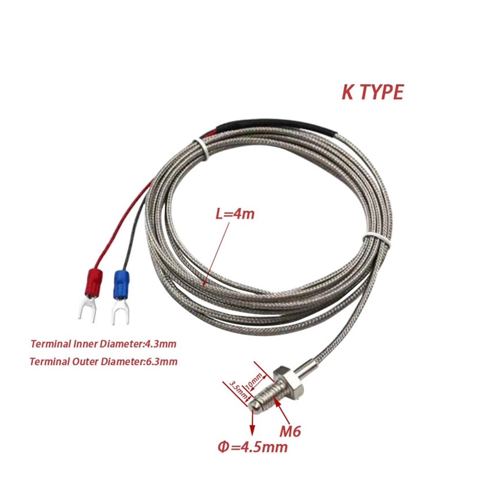 Termopar tipo K, Termopar tipo K con rosca M6, sensor de temperatura/sonda temperatura for termostato(Wire 4m)