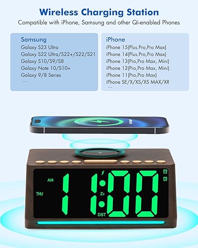 Miniatura 6 de Reloj despertador digital retro para dormitorios con números grandes, reloj de escritorio con estación de carga inalámbrica, 7 luces de estado de