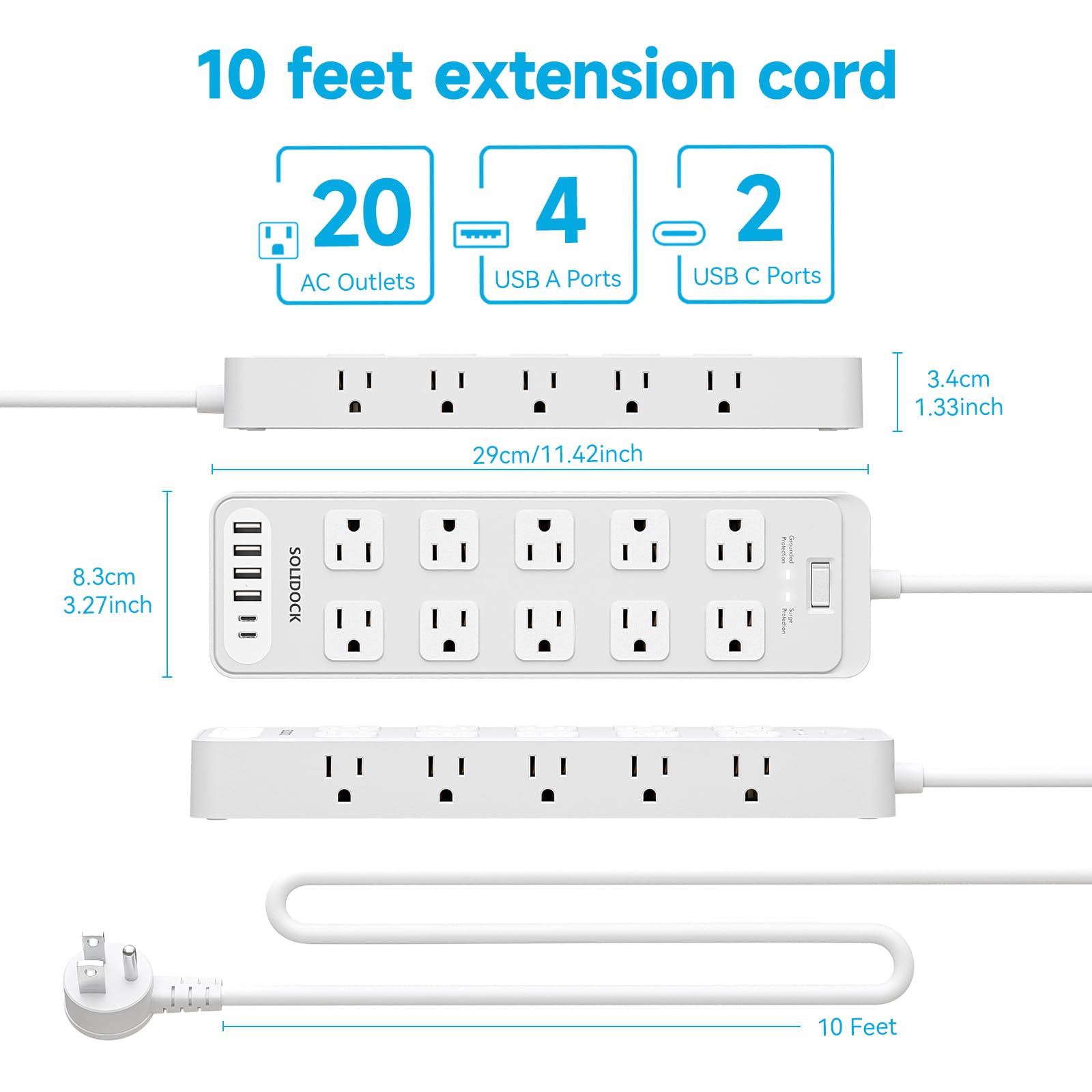 Steckdosenleiste mit Überspannungsschutz für Flachstecker mit 20 AC-Steckdosen, 6 USB-Anschlüsse, 1875W/15A, 2700J, 3.0 m Heavy Duty Verlängerungskabel für Zuhause