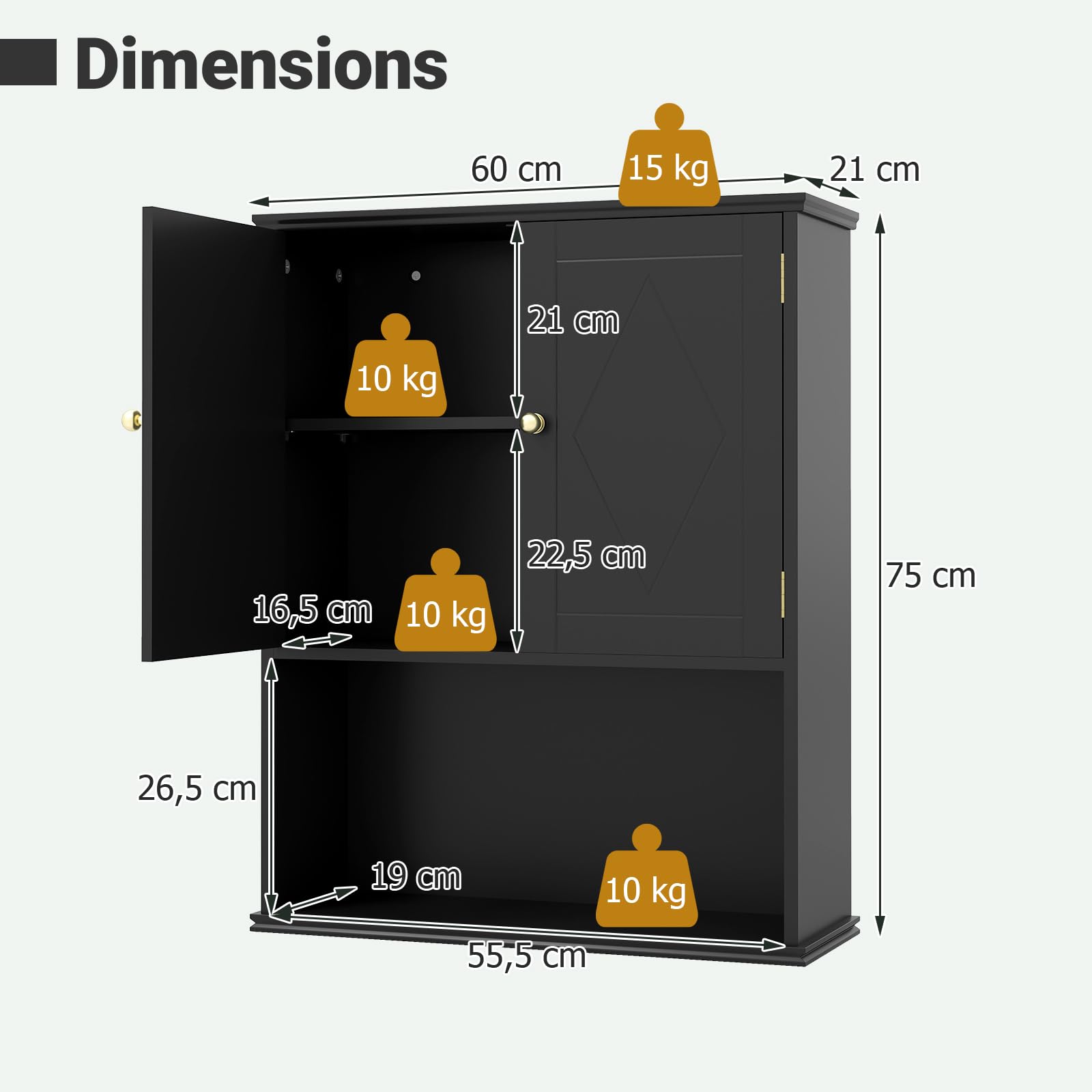COSTWAY Armoire Murale Salle de Bain, Meuble WC Suspendu avec 2 Portes, Étagère Réglable, Compartiment Ouvert, Style Ferme, Gain de Place, pour Toilette, Buanderie, Cuisine, 21 x 60 x 75 cm (Noir)