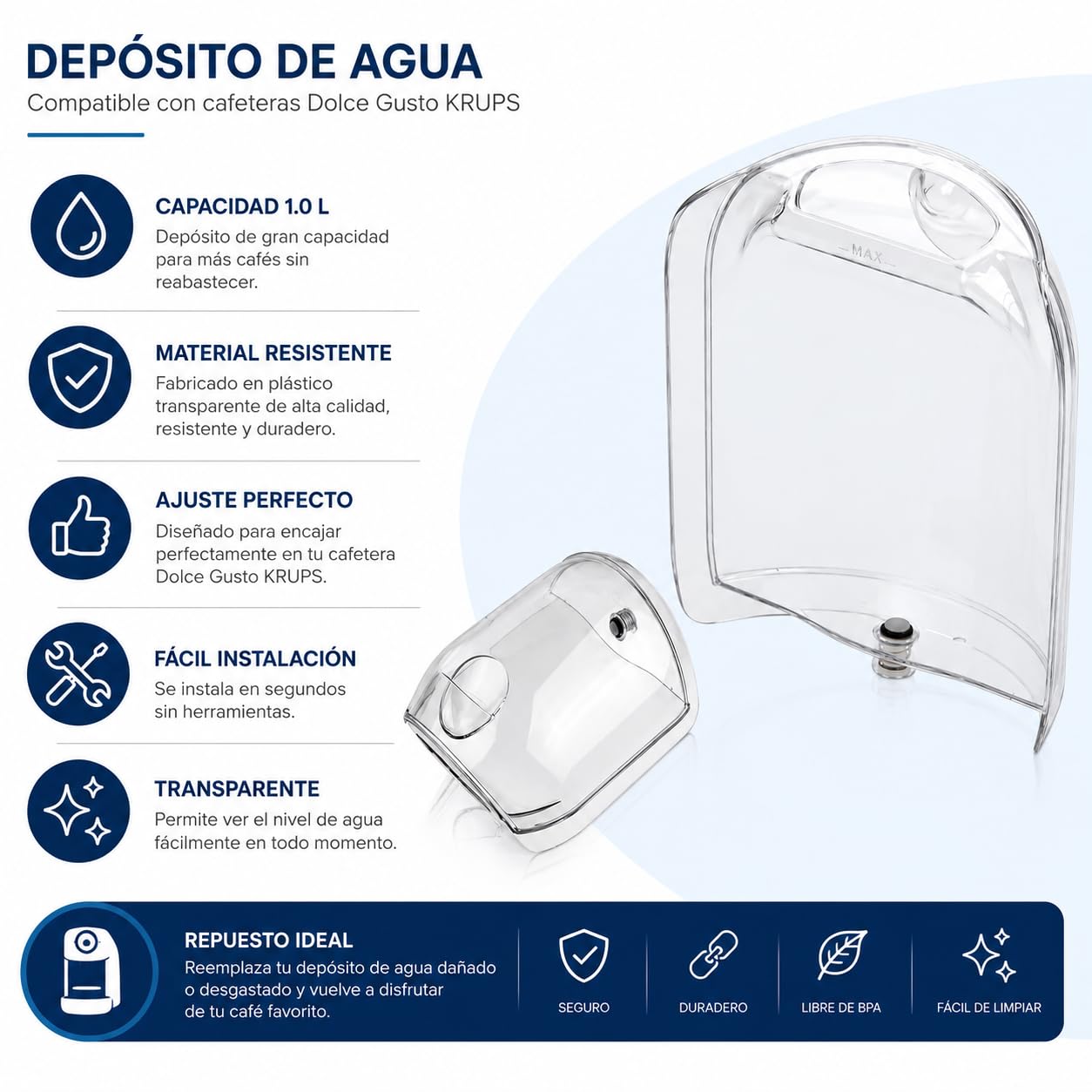 CABLEPELADO Deposito de agua para cafetera MS-623472 | Depósito de recambio de 0,8 litros | Transparente | Compatible con Nescafé Dolce Gusto Mini ME KRUPS y Delongi
