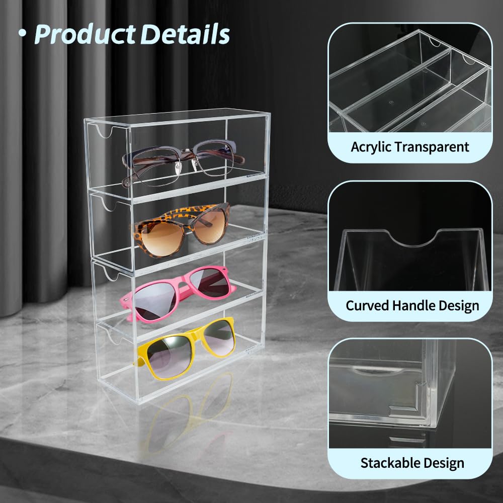 RETON Paquete de 5 organizadores acrílicos para lentes de sol, estuche transparente para gafas con 20 cajones, organizador de almacenamiento acrílico apilable para almacenamiento de gafas, estuche de