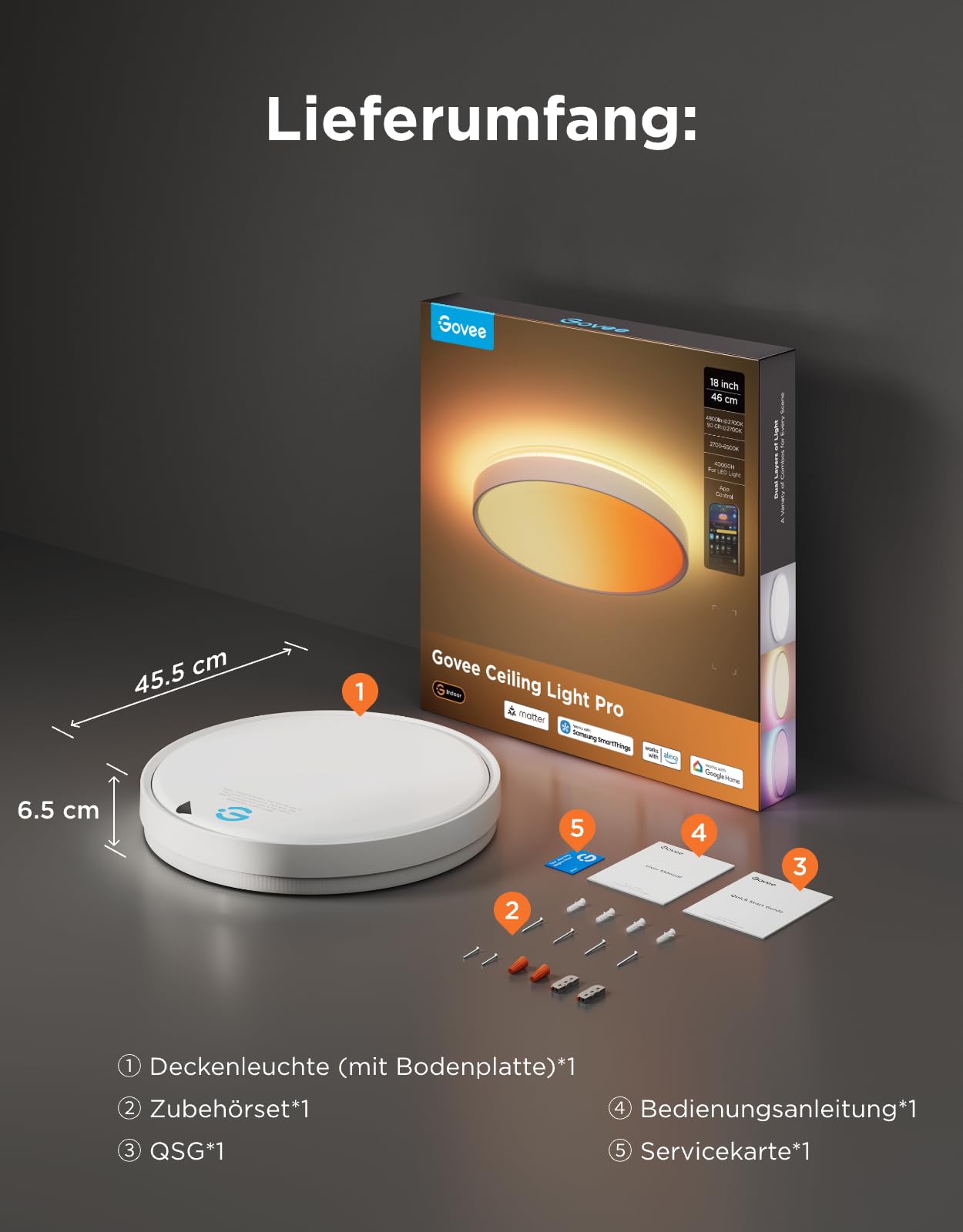 Govee RGBICWW Deckenlampe Pro55W, 4800lm LED Deckenleuchte Dimmbar,Ø45,5cm | 2700K–6500K für 20–30m², 74+ Szenen, Kompatibel mit Matter/Alexa/Google, Einfache Installation, Wohnzimmer Schlafzimmer