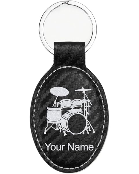 LaserGram Oval Keychain, Drum Set, Personalized Engraving Included (Carbon Fiber Black with Silver)