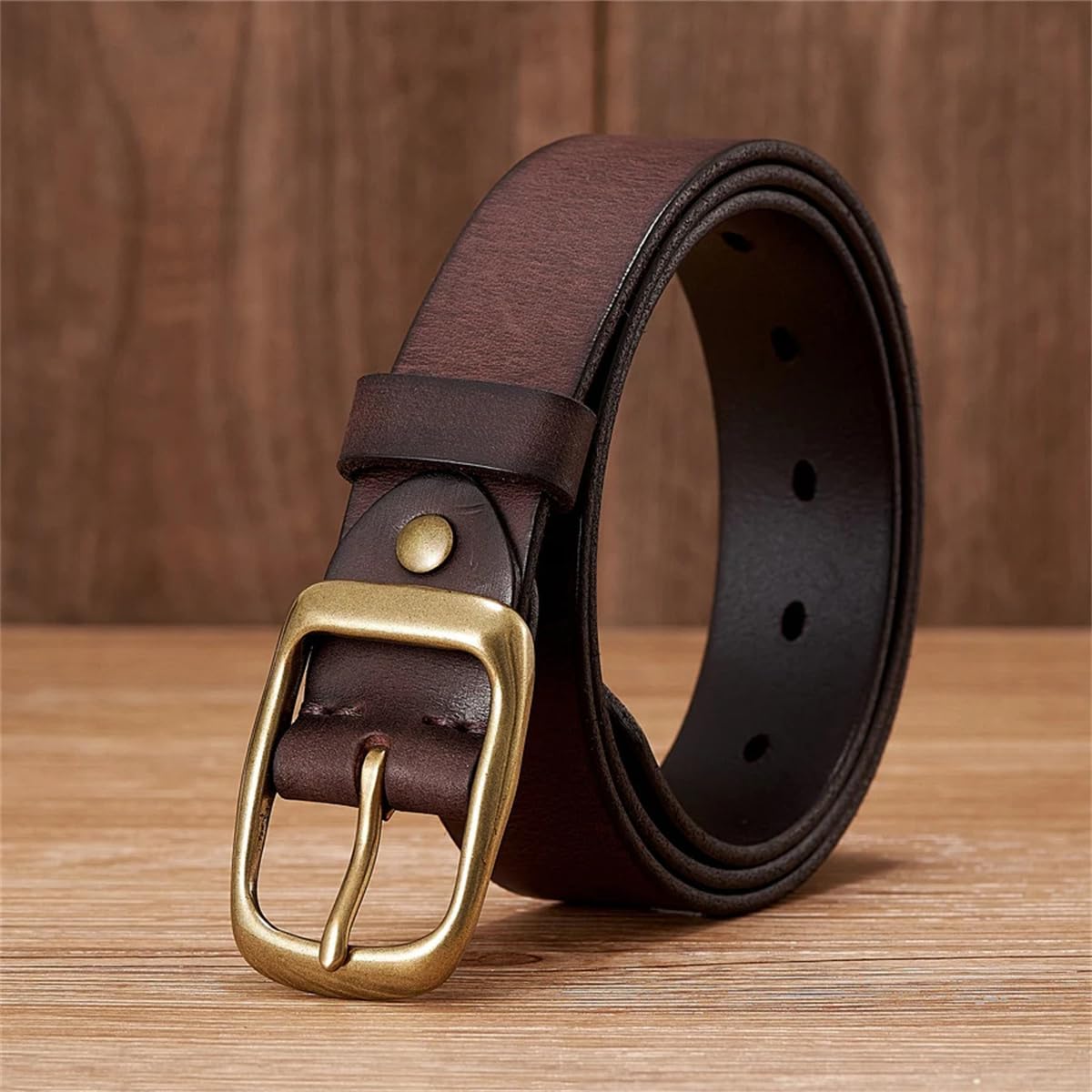 3,3 Cm Rindsledergürtel Aus Echtem Leder Für Herren, Lässiger Gürtel Aus Kupferschnalle, Business-Gurt Für Jeans