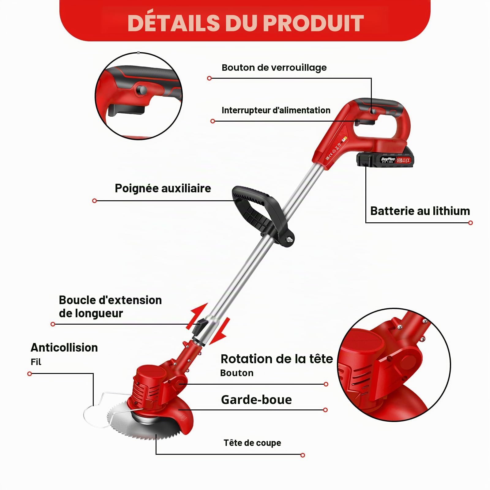 Coupe-Herbe sans Fil avec Batterie et Lames en métal Coupe-Herbe électrique Puissant Coupe-Herbe de Jardin Coupe-Bordures Coupe-Mauvaises Herbes Coupe-Gazon Set de Coupe-Gazon 2 Batteries Rouge