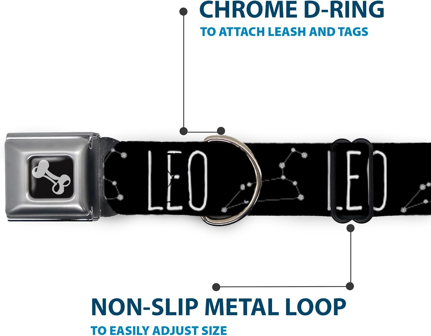 Buckle-Down Dog Collar Seatbelt Buckle Zodiac Leo Symbol Constellations Black White, Multicolor, 1.5"" Wide - fits 13-18"" Neck - Small (DC-W32653-WS)