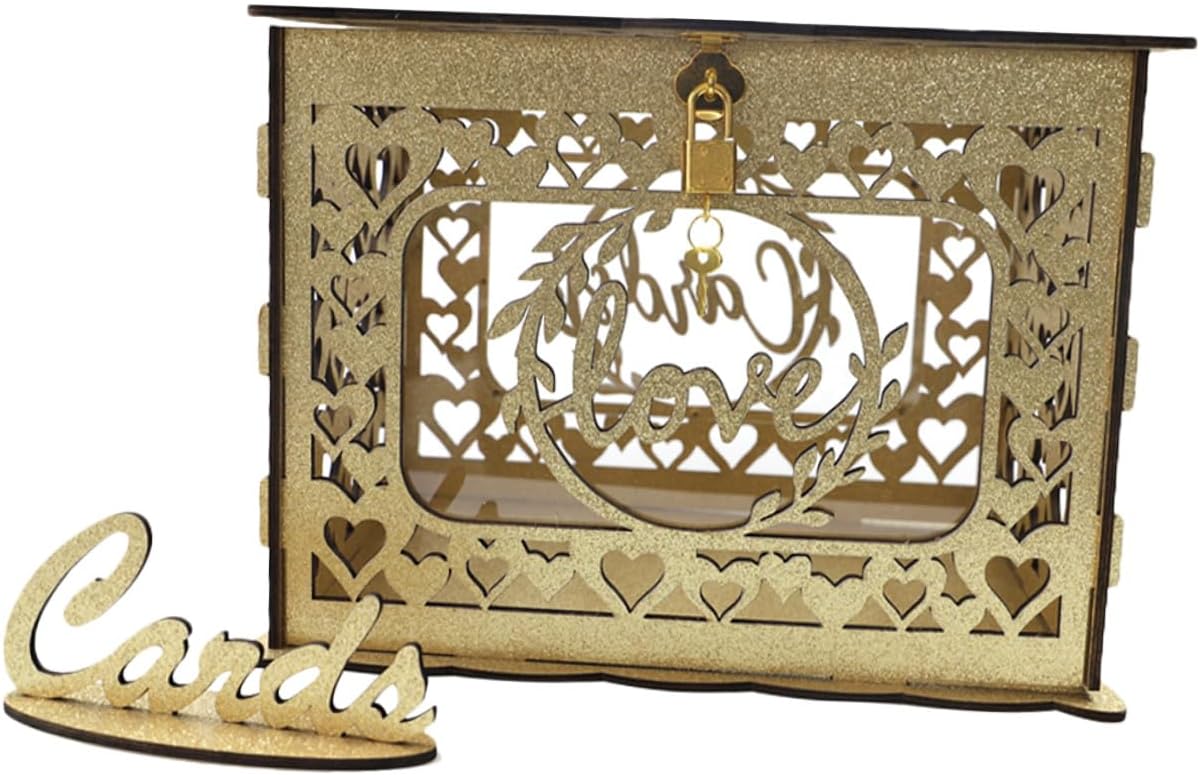 Wooden Hollow Greeting Card Box Glitter Wedding Reception Card Holder Anniversary Portable Blessing Container for Birthday and Valentine’s Day