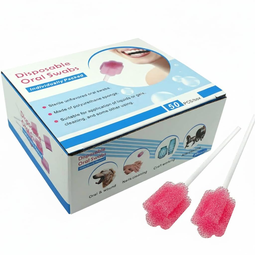 KASTWAVE Disposable Oral Foam Swab with Mint Flavored, Unflavored & Sterile Oral Swabs Dental Swabsticks for Mouth Cleaning, Individually Wrapped, Red, Box of 50 Counts