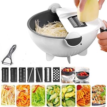 Aktnil 9-in-1 Multi-Functional Rotate Vegetable Cutter Manual Slicer Fruit Cutter Mandoline Choppers Veggie Fruit Shredder Grater Large Capacity Vegetable Drainer Draining Basket