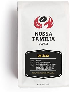 Nossa Familia Italian Coffee - Medium-Dark Roast Low Acid - Fair Trade Ground Coffee Bean- Smooth Balanced and Low Bitterness - Roasted Whole Coffee- Sourced from Small Peruvian Farms - Delicia 12oz
