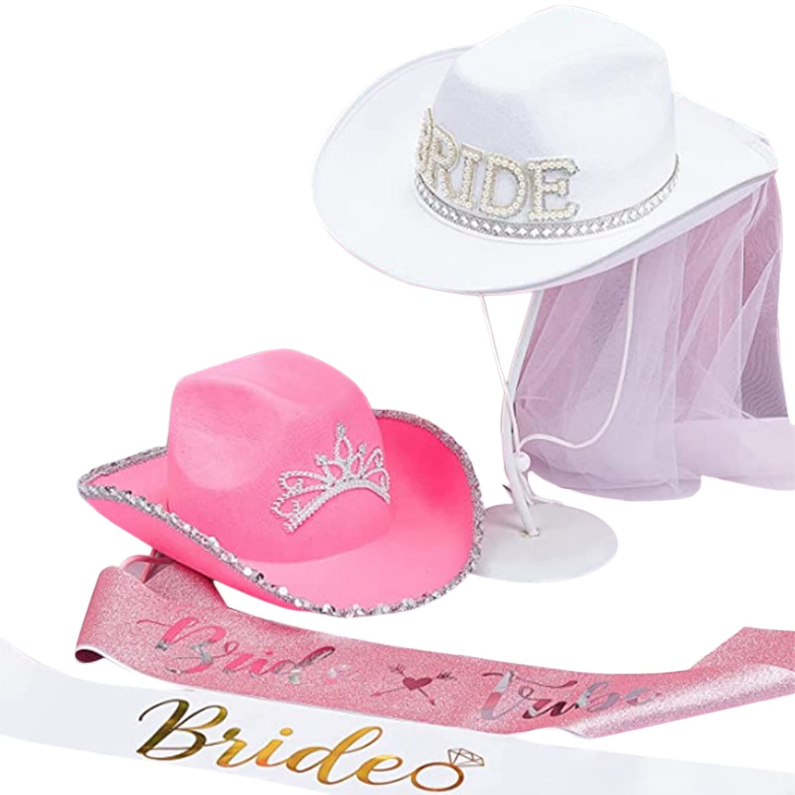 Cappello da cowboy da sposa con velo a tesa larga e cappello da cowgirl e fascia set di accessori per feste di nozze cappelli per addio al nubilato per feste nuziali