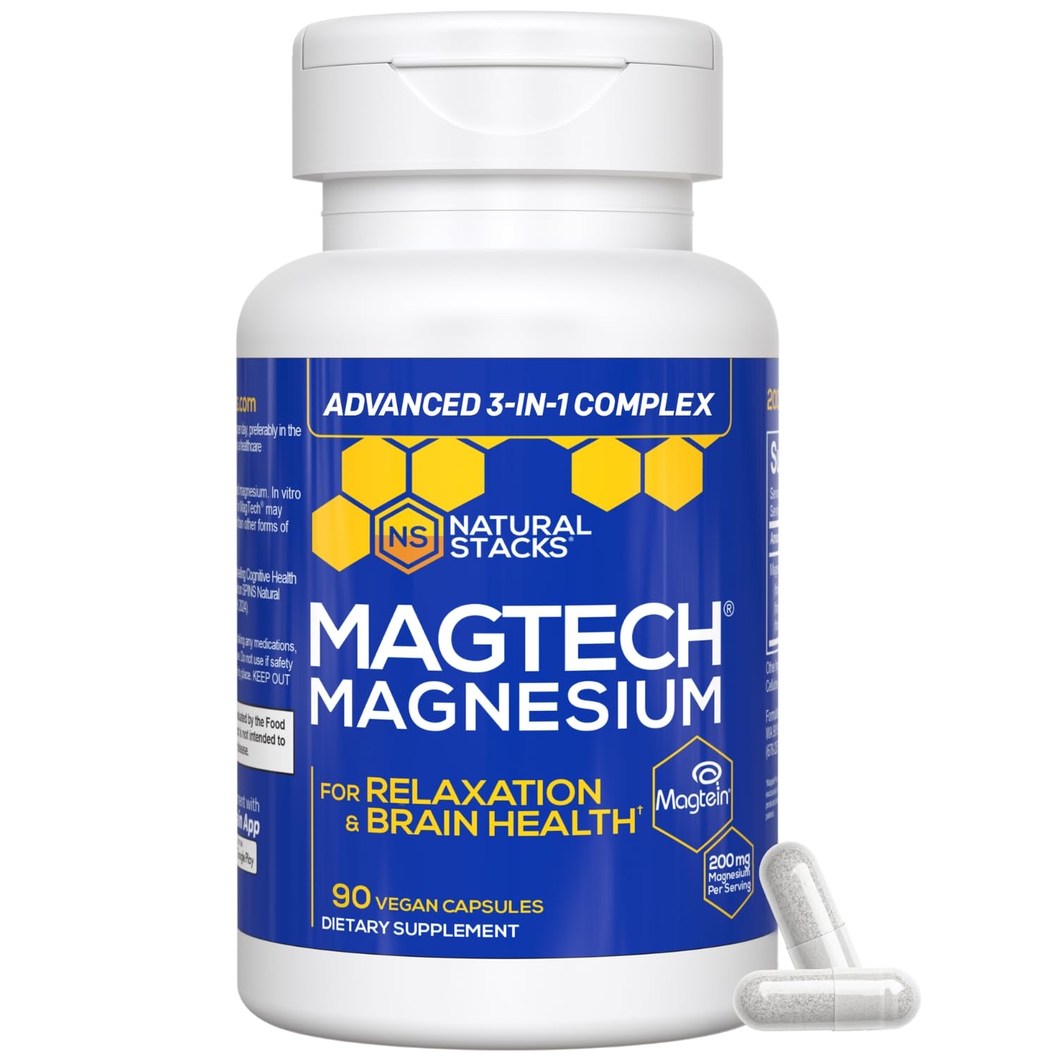 Magnesium Magtein L-Threonate, Glycinate & Taurate – 200mg Chelated Magnesium Complex – MagTech Magnesium Supplement for Relaxation & Brain Health – 90 Capsules