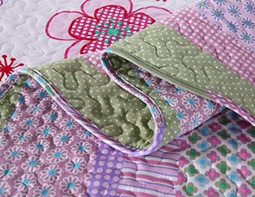 MarCielo 3 Piece Kids Bedspread Quilts Set Throw Blanket for Teens Girls Bed Printed Bedding Coverlet, Full Size, Purple Floral Striped (Full) - Thumbnail 2