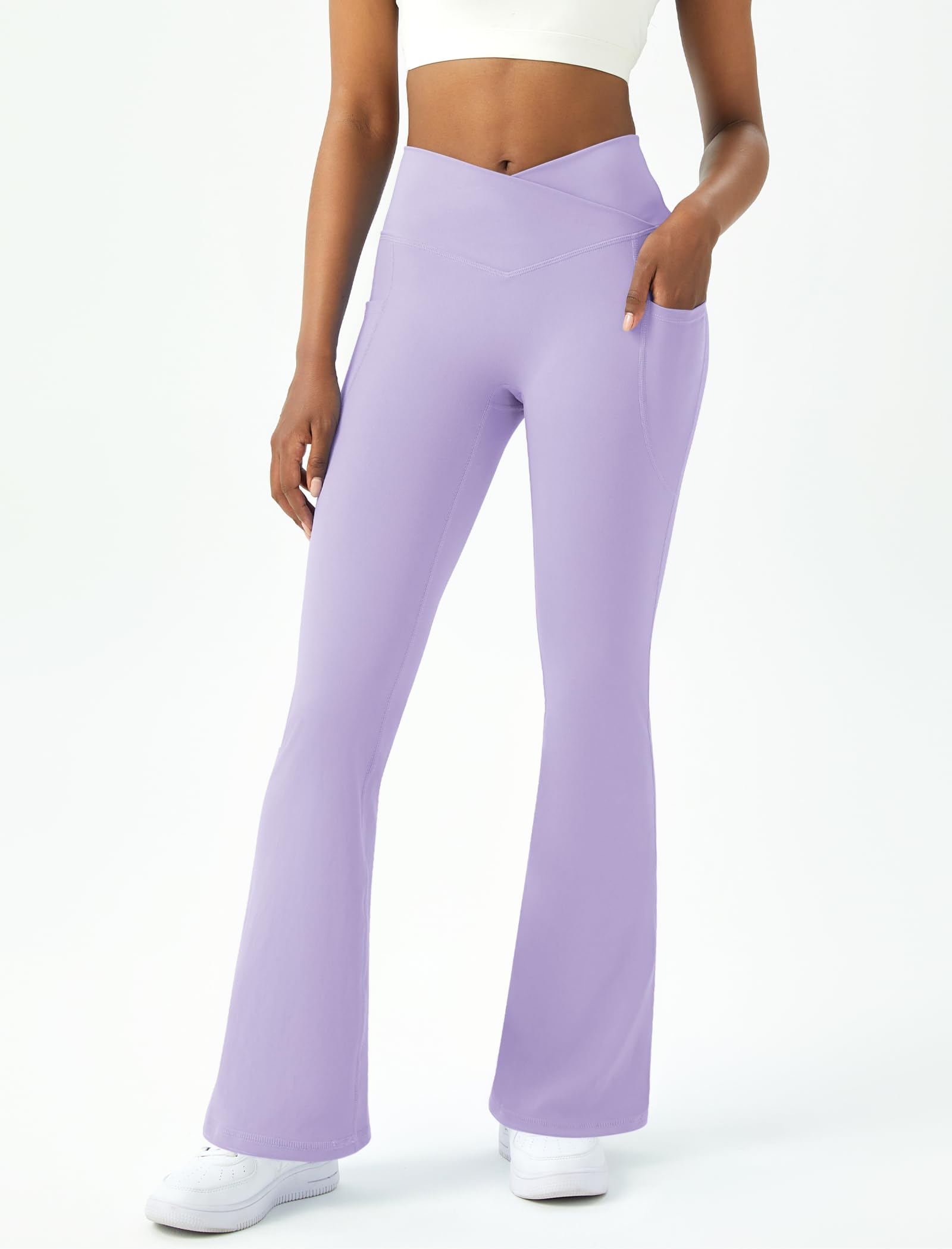 Womens Flare Yoga Pants with Pockets Crossover Flared Leggings Bootcut Bell Bottom No Front Seam: Purple Large