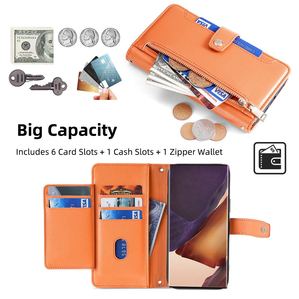 Funda con Tapa Tipo Billetera con Cremallera Cruzada para Samsung Galaxy S23 S22 Plus S21 S20 FE Note 20 Ultra A54 A53 A34 A14 A22 5G, Naranja, para Galaxy A33 5G