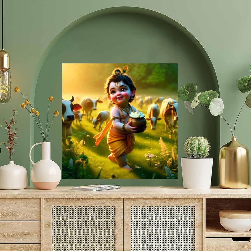 Image of British Terminal Cute little Bal Gopal Baby God Krishna| Kanha Ji | Laddu Lord Makhan Chor Painting Religious Poster for Pregnant Women for wall (matt thin vinyl,sticker,multicolor,unframed)| bj64
