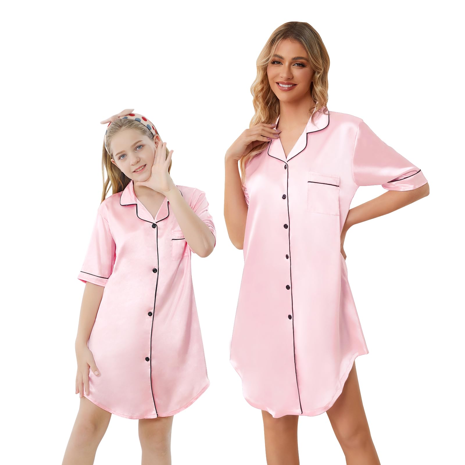 Schbbbta Girls &amp; Women Silk Nightgown, Short Sleeve Button Down Satin Nightshirt Pajama House Dress, 3 Years- Women 2XL
