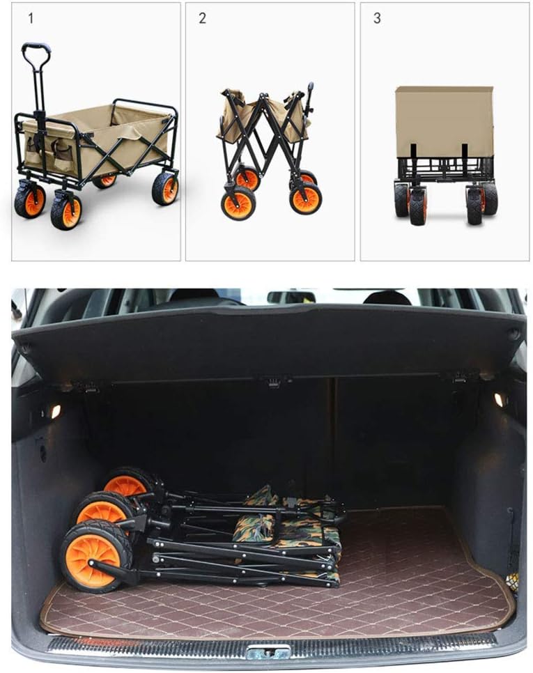 Portable Garden Trolley, Folding Wagon Capacity 100 Kg, with Shock Absorber and Safety Belt, Awning, for Picnics, Camping, Shopping, Beaches, Concerts