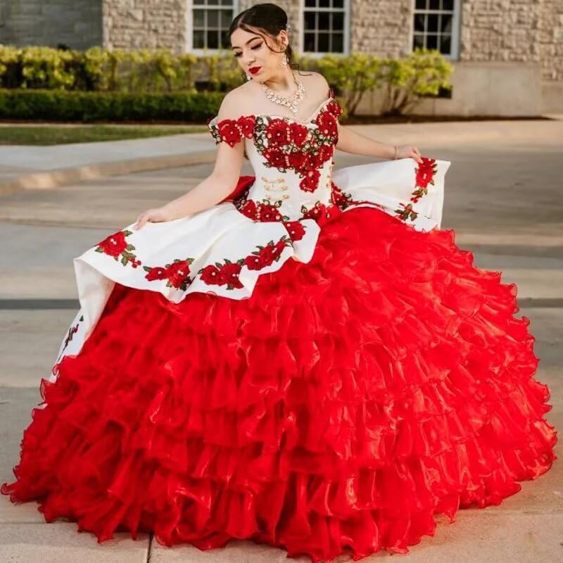 Asulla Off Shoulder Quinceanera Dress with Train Ruffled Tiers Ball Gowns 3D Flowers Sweet 15 16 Princess Dresses3
