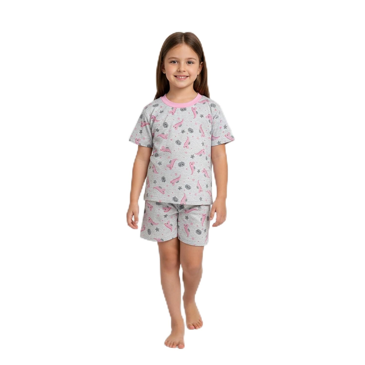 Conjunto Pijama Infantil Menina Verão 100% Algodão – Dinossauros Fofos e Nuvens – Conforto e Diversão do Tamanho 2 ao 8!