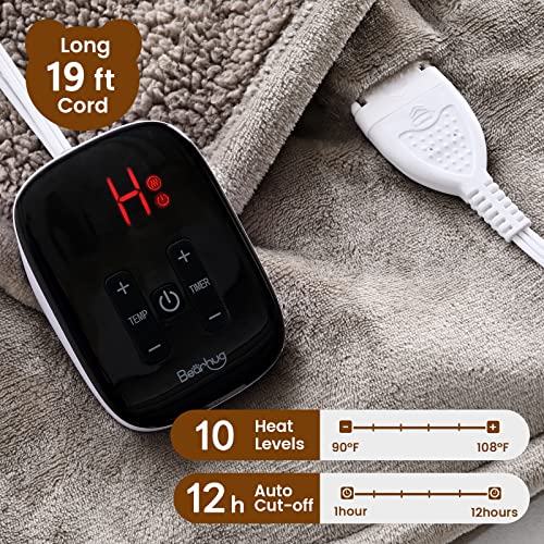 Image of Bearhug Electric Blanket Twin Size, 90F-108F Fast Heating Throw with 10 Heat Levels & 1-12H Auto Shut-Off, Machine Washable Soft Velvet and Sherpa Heated Blanket for Bed or Couch, Taupe