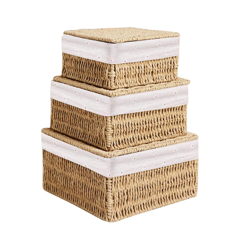 3 pezzi cesto con coperchio, 3 dimensioni cesto di stoccaggio intrecciato, cesto intrecciato da corda di carta, stoccaggio con rivestimento per bagno, trucco, piani di tavolo, armadio