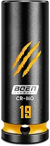 BOEN 1/2" Drive 19mm Deep Impact Socket Set, Chrome-molybdenum Steel, 6-Point Design, Deep Embossed and Painted Marking, Yellow Groove, Black Phosphate Coating