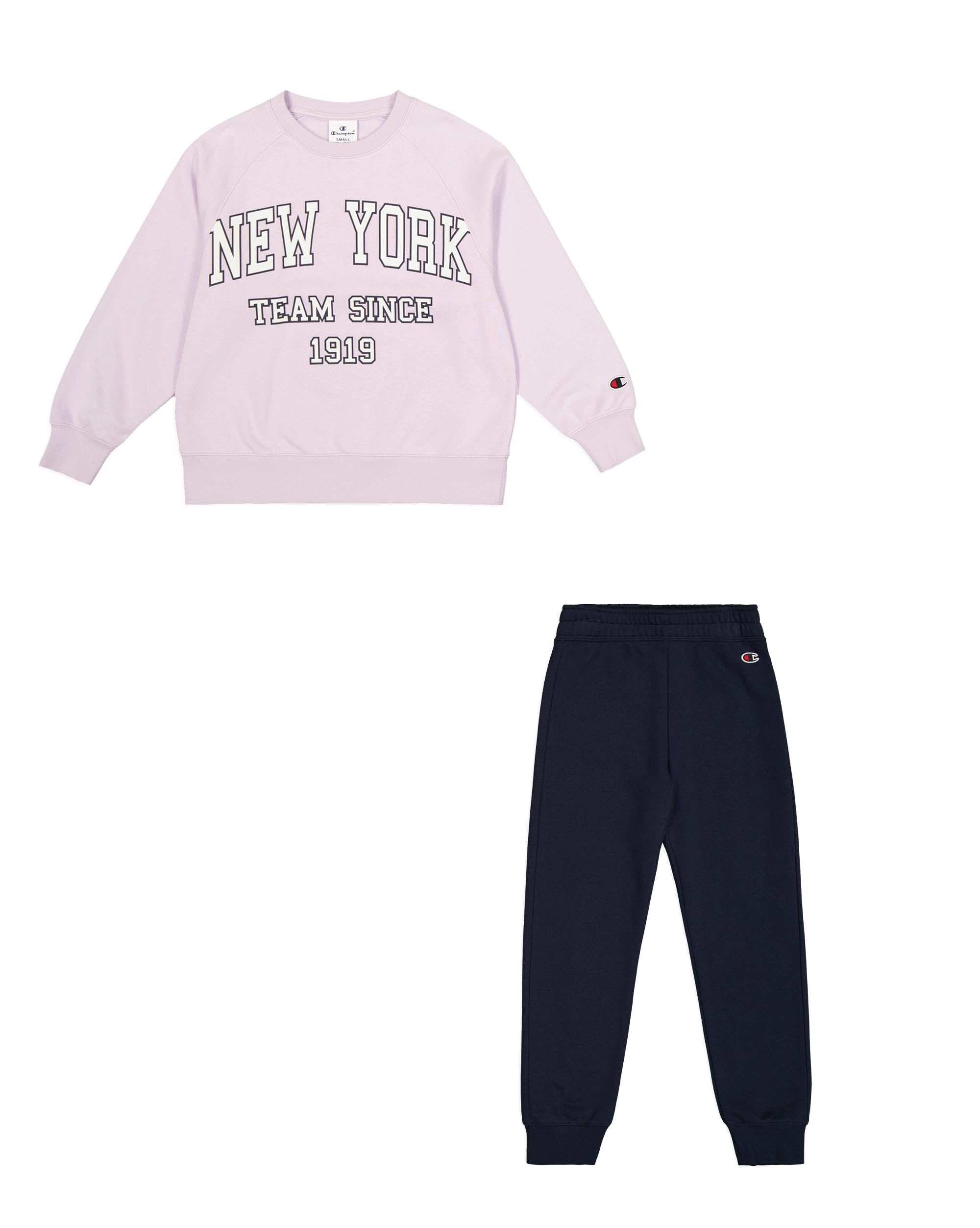 Champion Girl's Legacy Script Shop G (405044) -Ultra-Light Soft Compact Powerblend Fleece Crewneck & Rib Cuffs Tracksuit, Purple (VS057), 3-4 Years