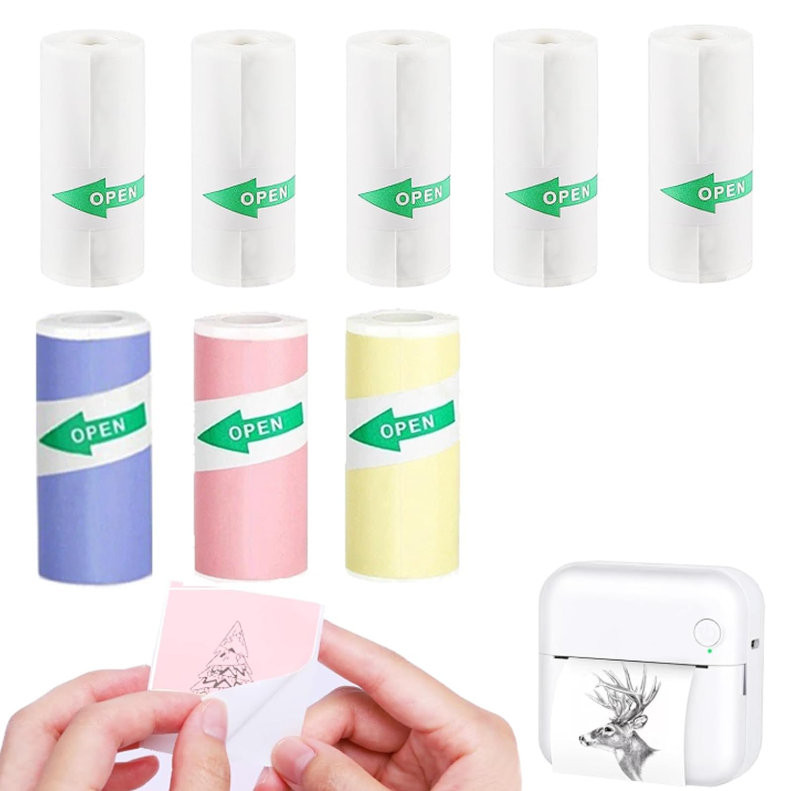 Papier Rouleau Mini Imprimante Thermique 57x25MM 8 Rouleaux 3 Couleur + 5 Blancs