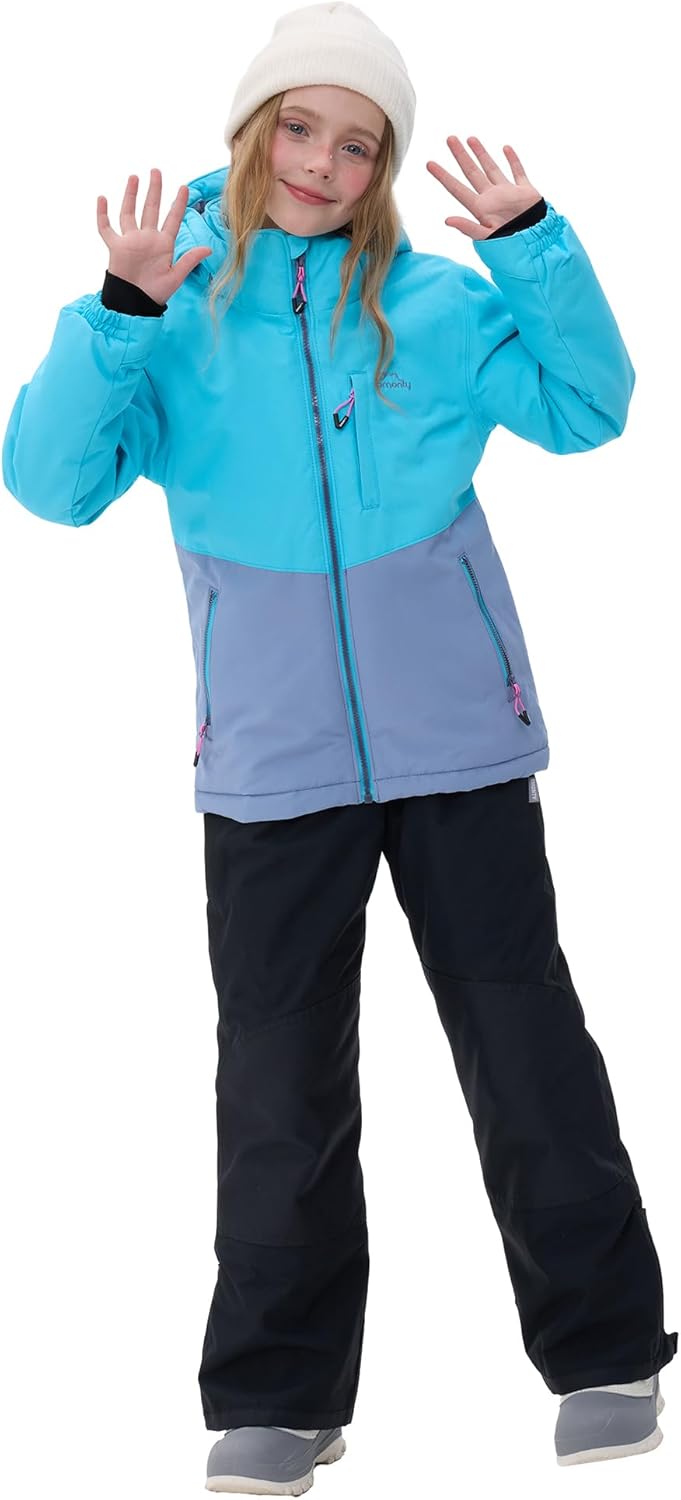 Girls Boys Ski Suit Kids Snowsuits Waterproof Snowboard Elastic Hood Jacket with Bib Pants, Windproof Winter Warmth - Image 2