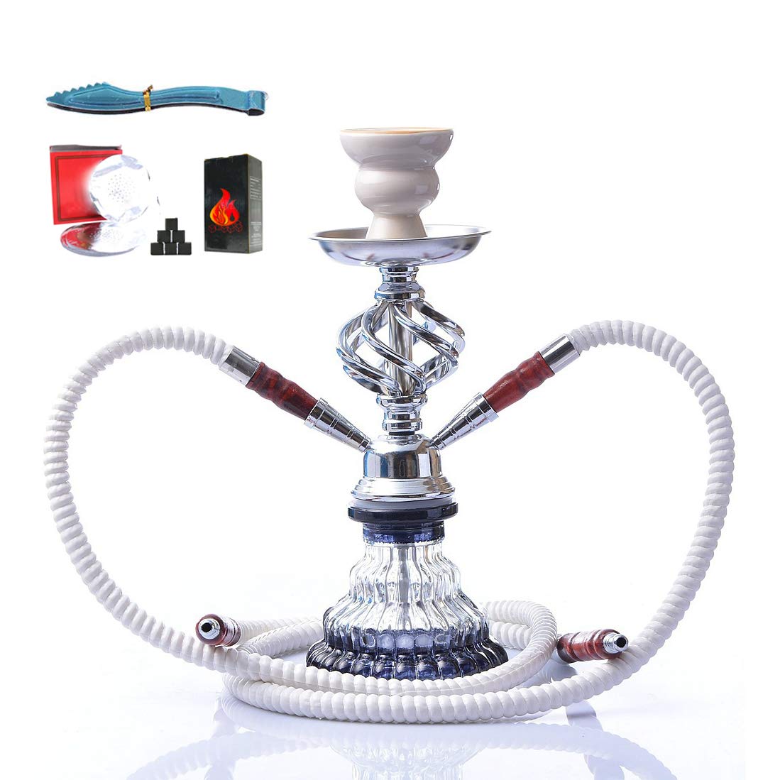 Kit Completo de Tubo de Cachimba con Sistema de Gestión de Calor, Recipiente de Cerámica, Manguera Y Pinzas de Silicona Lavables, Luz LED Y Control Remoto Shisha