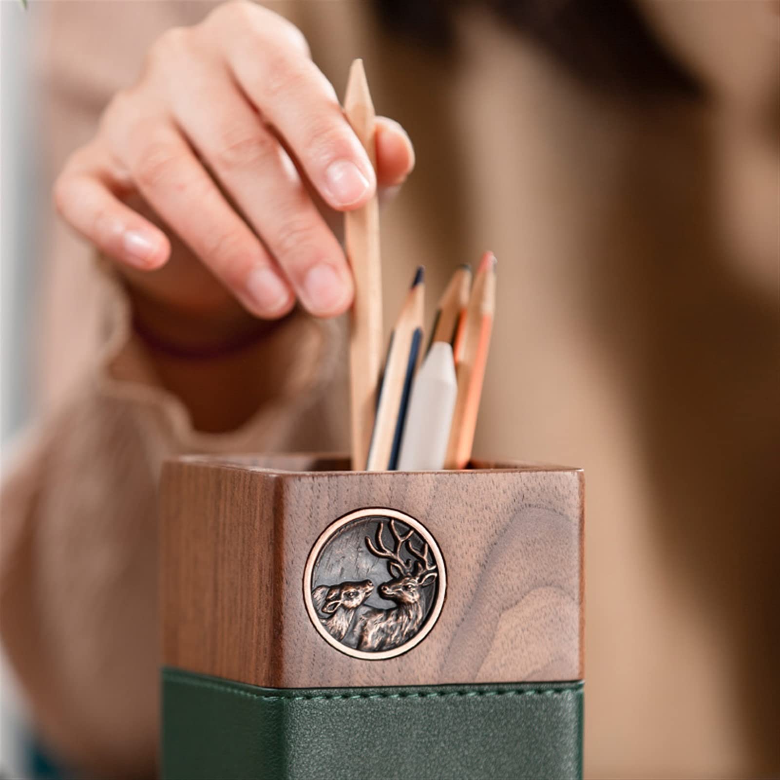 Stifthalter für den Schreibtisch, Stiftehalter aus schwarzem Walnussholz, PU-Leder, 7,9 x, 10, cm, Schreibwaren-Organizer